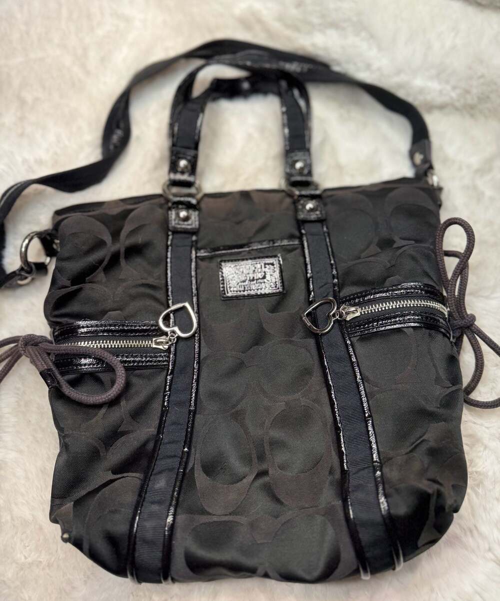Coach Poppy Signature Black Fabric and Patent Leather Tote Bag